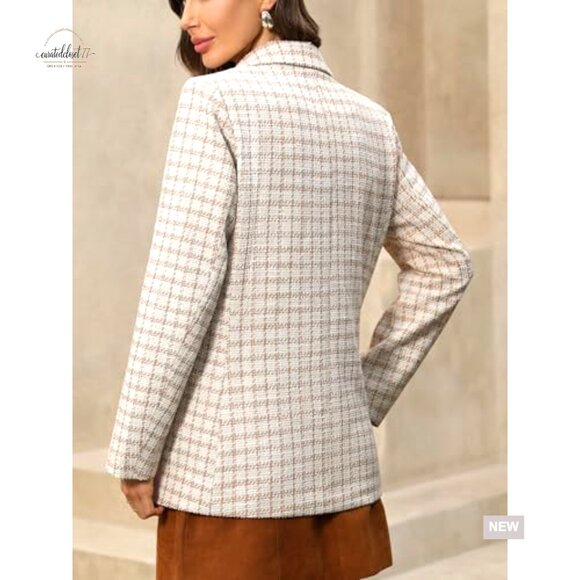 Oversized Plaid Tweed Blazer Boyfriend Style Double Breasted Jacket - Picture 2 of 7